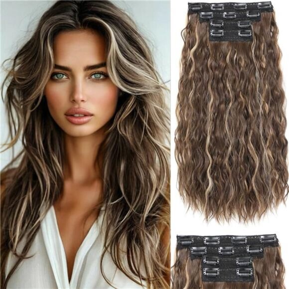 Clip in Hair, Hair Extensions 18 Inch Brown Highlight